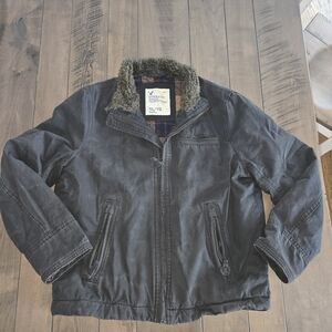 Men's Distressed Black American Eagle Jacket with Fur Collar Size XL